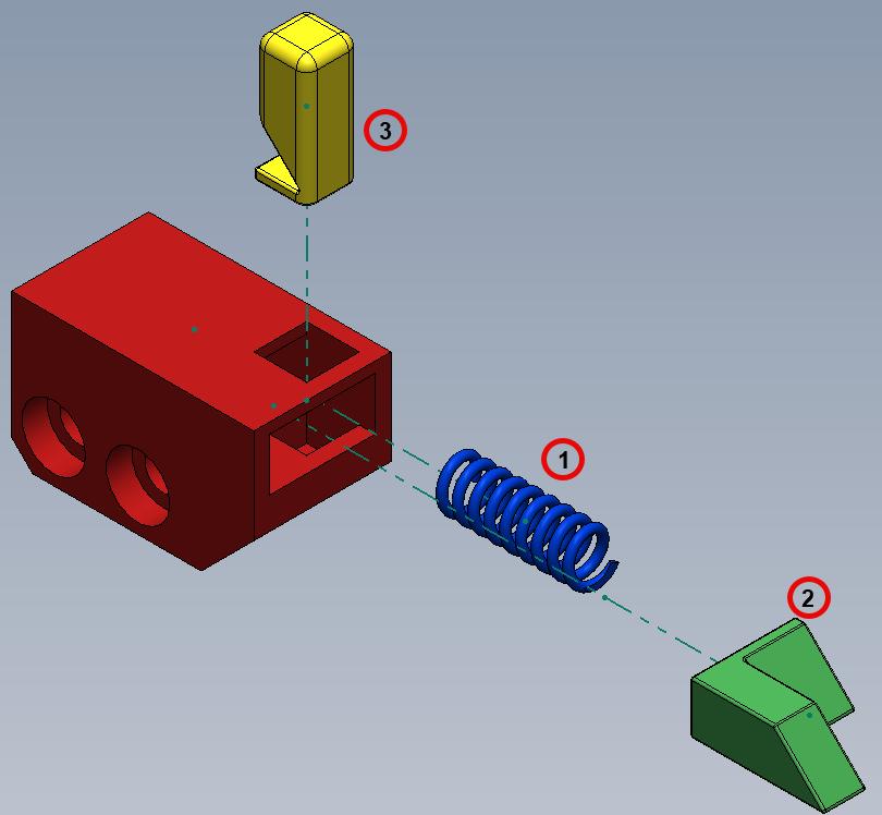Exploded view of the latch subsystem showing assembly order