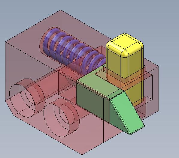 Latch subsystem with translucent anchor block showing internal slider, spring, and button