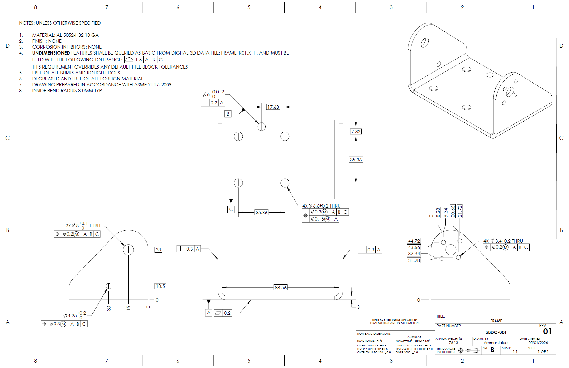 GD&T inspection drawing of the launcher frame